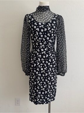 Dolce & Gabbana Black and White Floral Tie-Neck Long Sleeve Dress